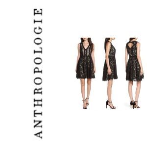ANTHROPOLOGIE HEARTLOOM Wom‎ Med Lace Fit & Flare Mini Dress V Neck Black goth